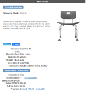 Item Details Page for a Shower Chair