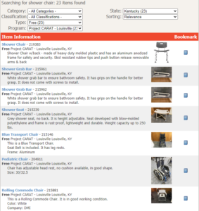 Search results for "shower chair", narrowed to "Free" and "Project CARAT Louisville"