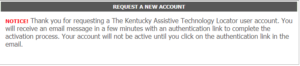 Registering for AT Locator Account, message reads that account verification email has been sent